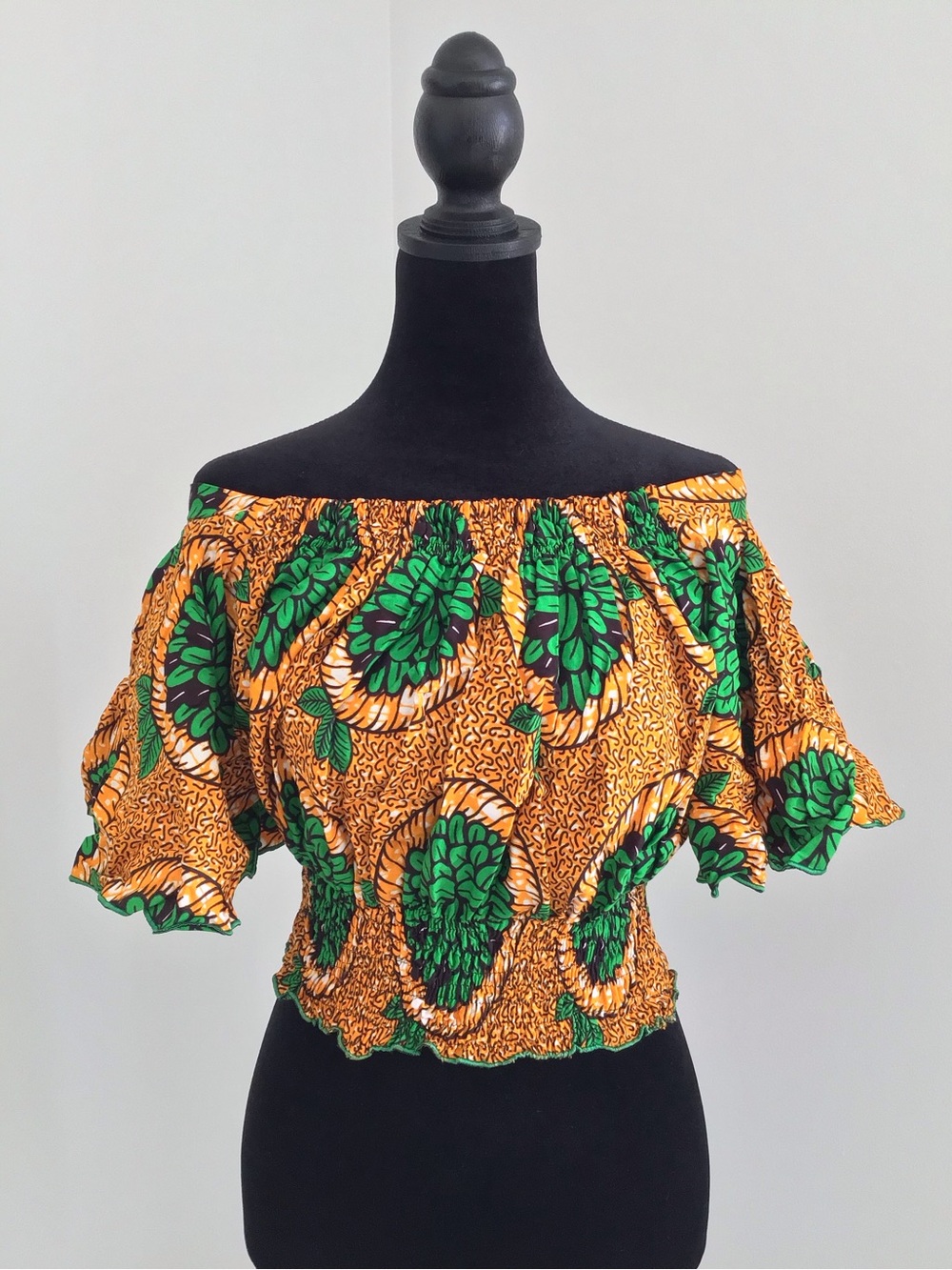 AFRICAN Print, Handmade Women’s Off-Shoulder Top Smocked Waist, Flared Sleeves